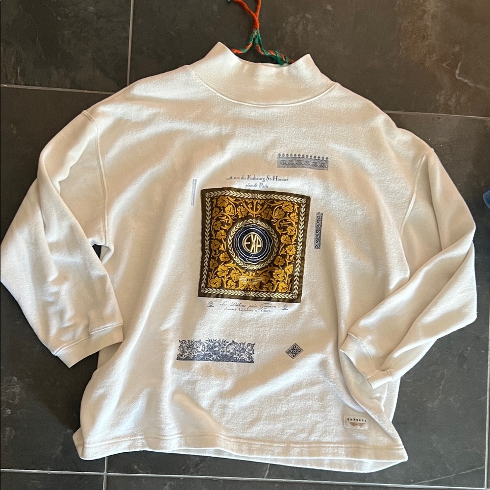 Vintage Paris France Mockneck pullover Sweatshirt with satin appliqué
